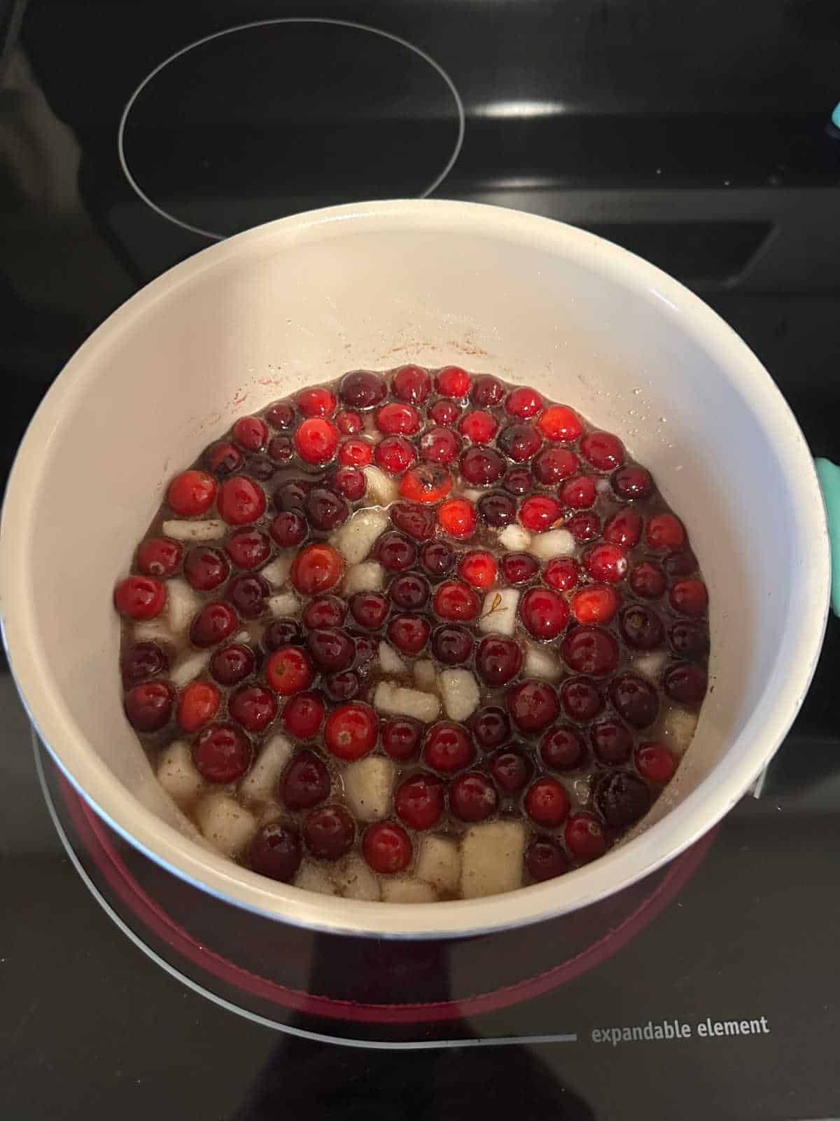 Process shot - ingredients in a saucepan. 