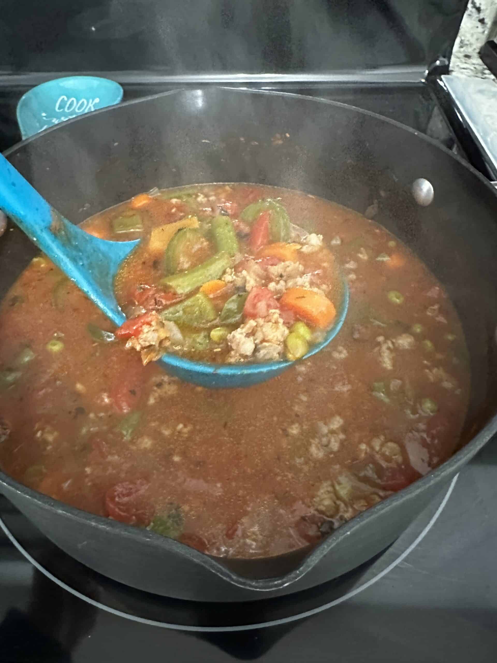 Process shot - full ladle of soup hovers above the pot. 