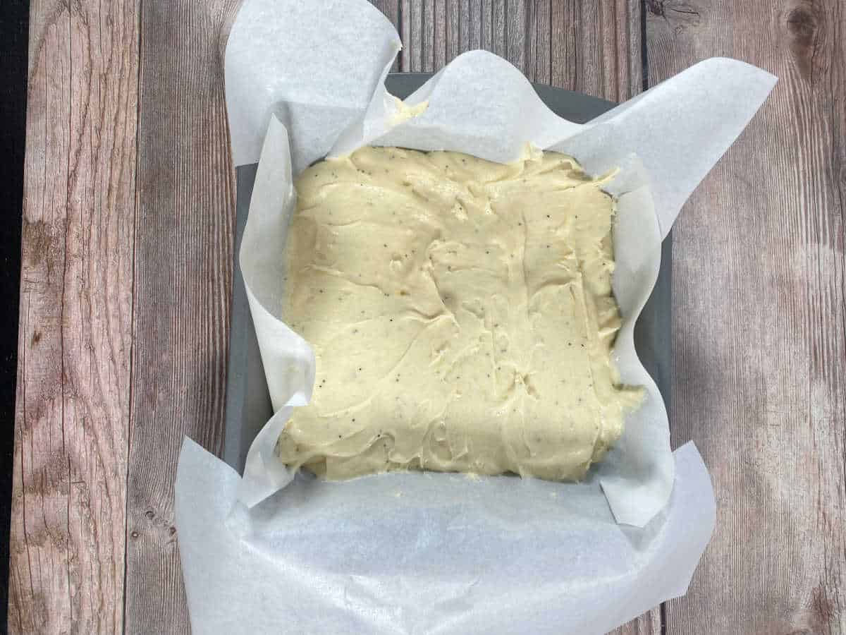 Process shot - batter poured into a prepared baking dish. 