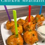 Image for Pinerest: meatballs on a white plate, garnished with chopped green onions and colorful mini forks inserted in the top of meatballs.