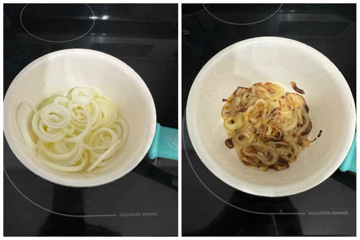 Side by side image of onions in saucepan at beginning and ending stages of caramelizing.