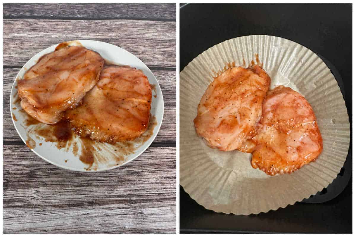 Side by side image of chicken, one with seasoning and BBQ sauce and the other ready to go in the air fryer.