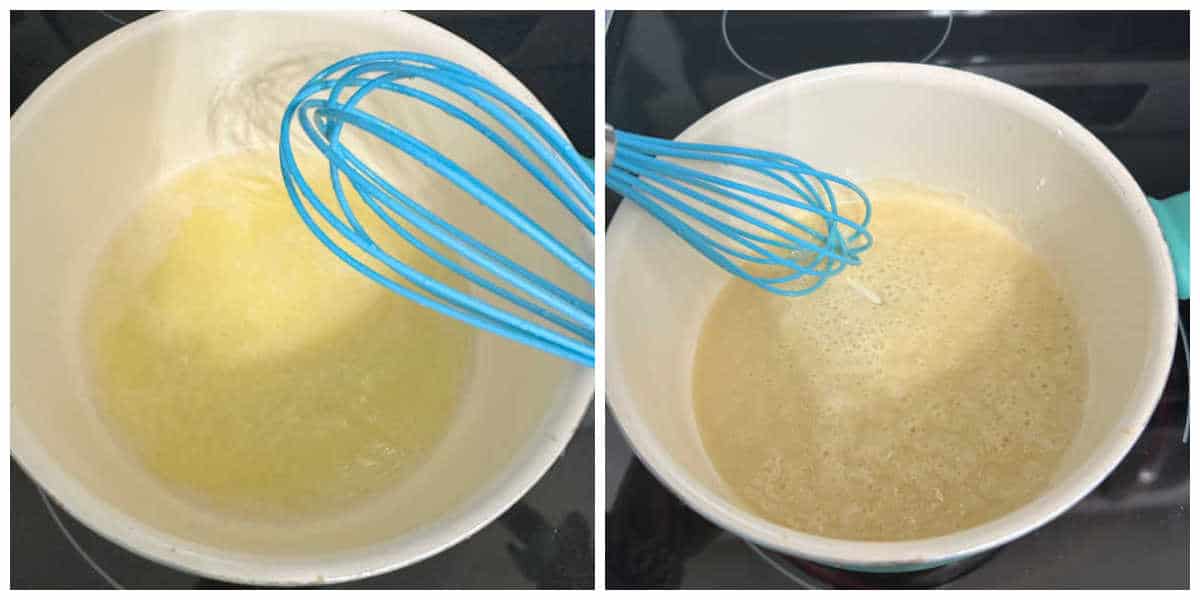 Two image process photos - left side is melted butter in a saucepan. Right side is the butter after the flour has been added in. 