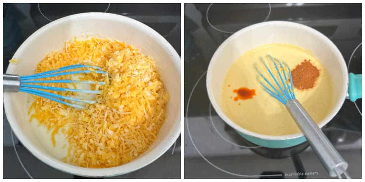 Two image process shot. Left side is the saucepan full of shredded cheeese to be whisked in. Right side is melted cheese in the saucepan with spices and hot sauce to be whisked in. 