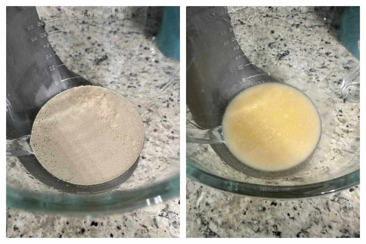 Process photos - on the left side is the yeast, water, sugar in the stand mixer. Right photo is after butter and salt are added in. 