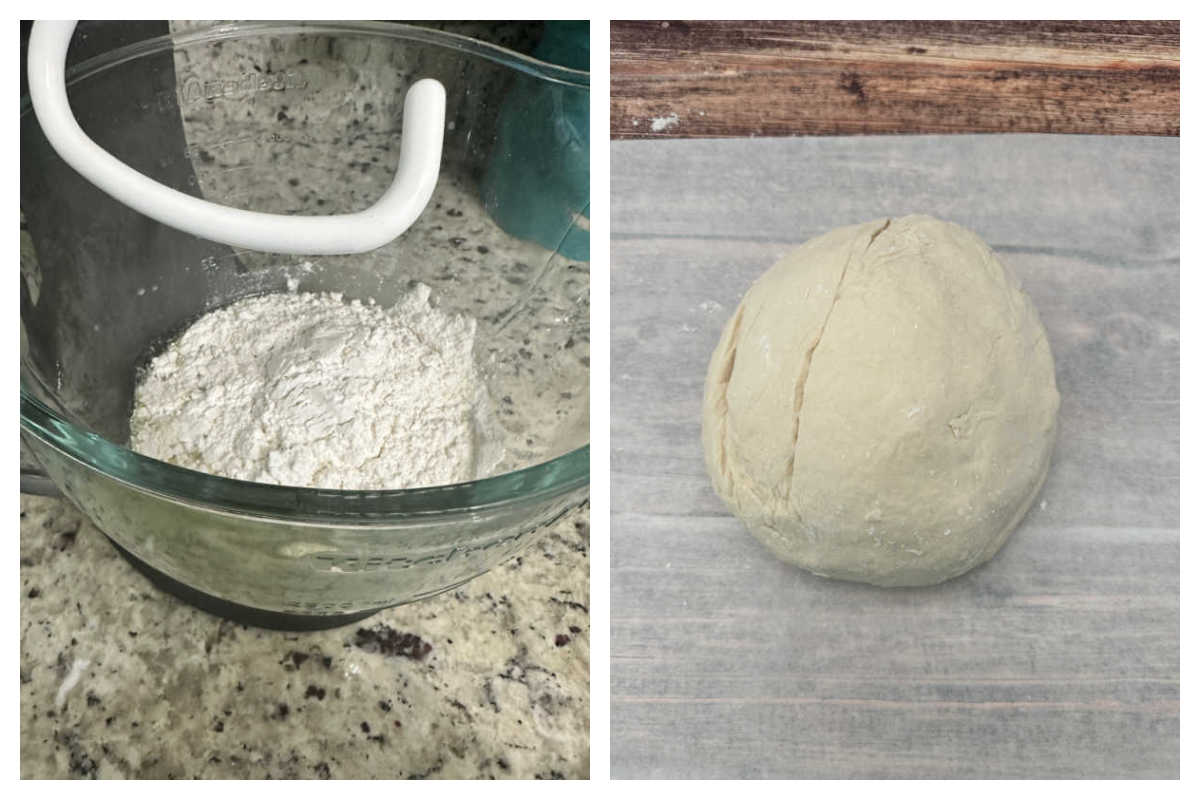 Process Photos. Left is flour being added to the mixer. Right is completed dough on parchment, resting. 