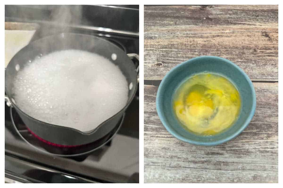 Process images. Left photo is boiling water and baking soda. Right photo is egg wash. 